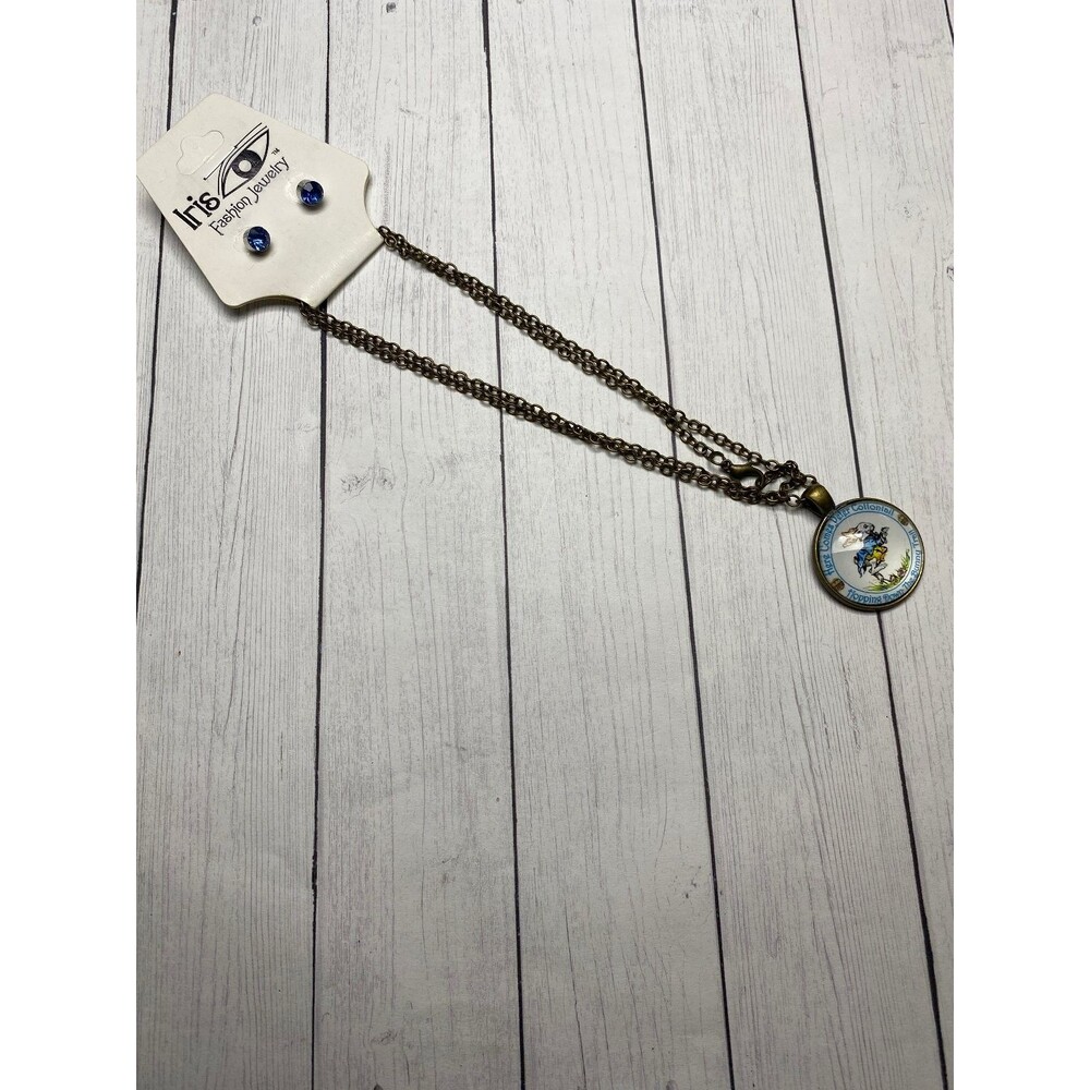 Iris Necklace and Earrings Set Bronze Blue Bunny Pendant Kids Jewelry